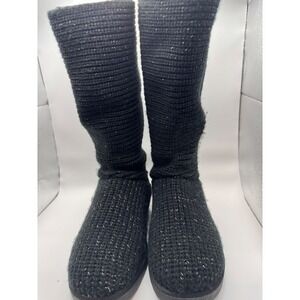 Black Knit Tall Boots with‎ Zipper Accent Sparkle Detail